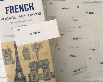 Vintage 1950s French flash cards, set of 50, with black text on French side, green on English side. Vintage ephemera for junk journals, etc.