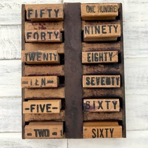 Vintage number word stamps, set of 12 old wooden handled stamps for collage, journaling, and more. Missing THIRTY, extra SIXTY.