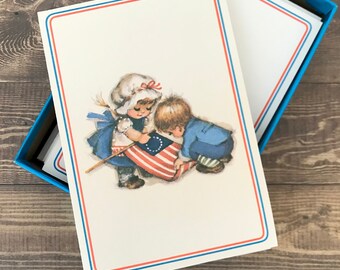 Vintage Americana note card set in original box. Full set of 10 blank note cards with Betsy Ross flag theme. From the 1970s.