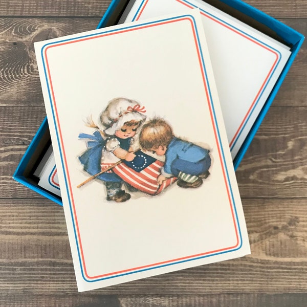 Vintage Americana note card set in original box. Full set of 10 blank note cards with Betsy Ross flag theme. From the 1970s.