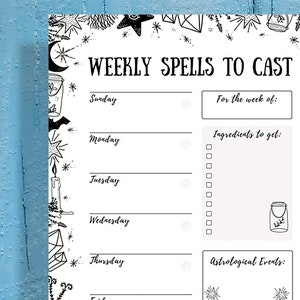 Puede incluir: Un planificador semanal imprimible con un tema de bruja en blanco y negro. El planificador incluye secciones para el domingo al sábado, ingredientes para obtener, eventos astrológicos y notas adicionales. El planificador está decorado con estrellas, lunas, murciélagos y otros símbolos de brujas.