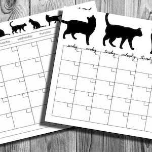 May include: Two black and white printable calendar pages with a cat silhouette design. The calendar pages are labeled with the days of the week: Sunday, Monday, Tuesday, Wednesday, Thursday, Friday, and Saturday. The text "month:" is at the top of the page.
