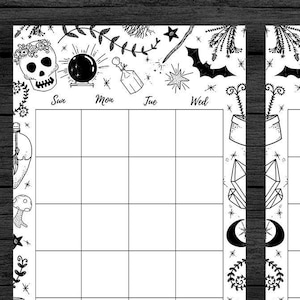 May include: A black and white printable weekly planner with a spooky, witchy theme. The planner has a grid for each day of the week, with a notes section on the right. The planner is decorated with illustrations of skulls, potions, crystals, and other witchy elements.