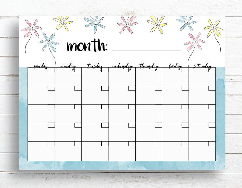 Blank Monthly Calendar Calendar Flowers Printable Monthly Etsy