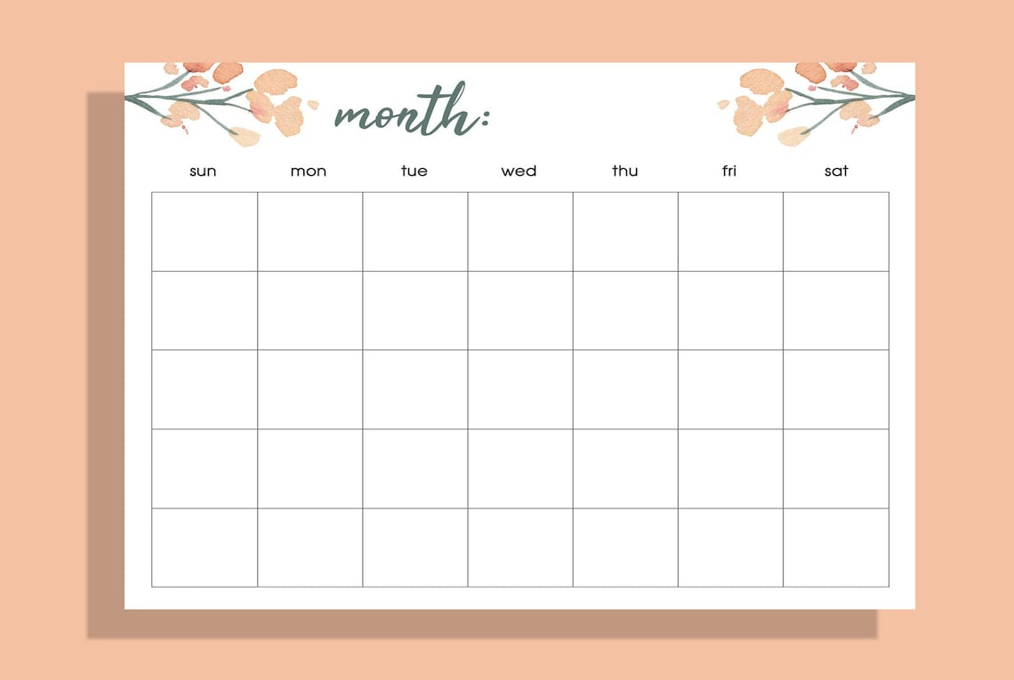monthly calendar blank calendar floral calendar printable etsy