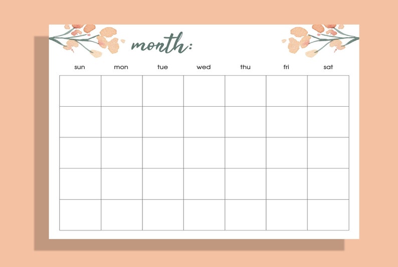 Monthly Calendar Blank Calendar Floral Calendar Printable Etsy