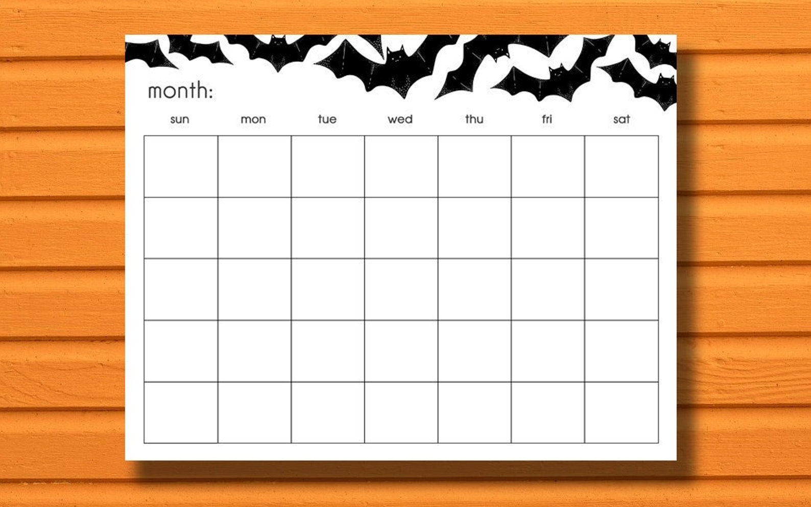 Printable Bat Calendar Halloween Monthly Calendar Blank Etsy
