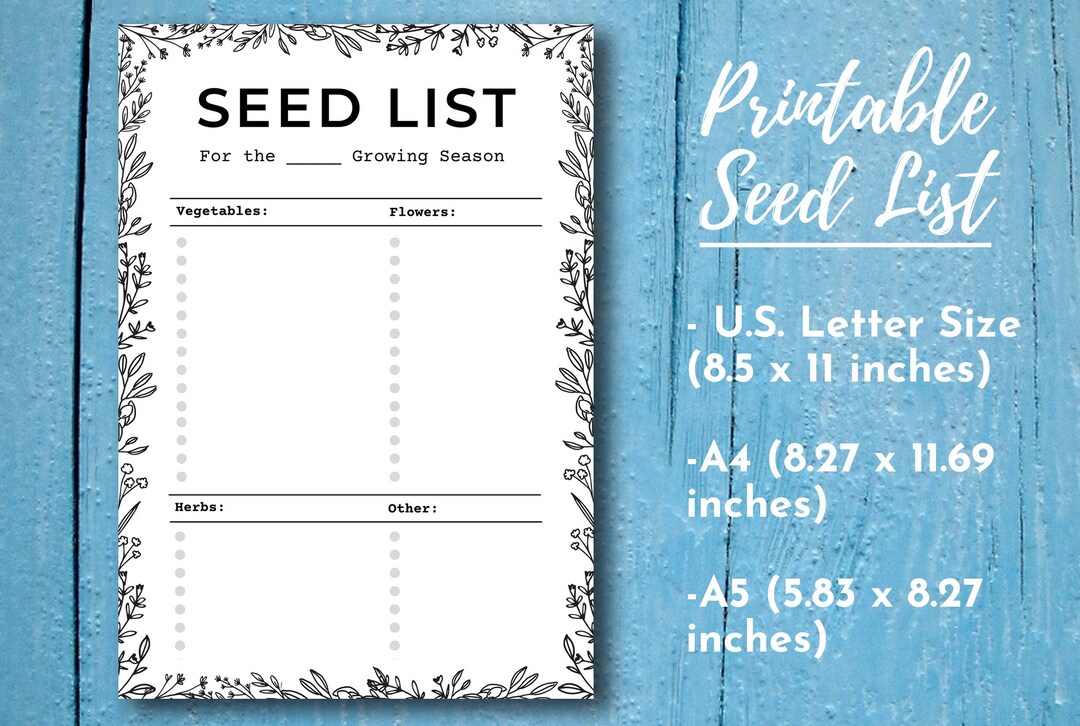 Printable Seed List Planner Insert US Letter Size A4 A5 Garden ...