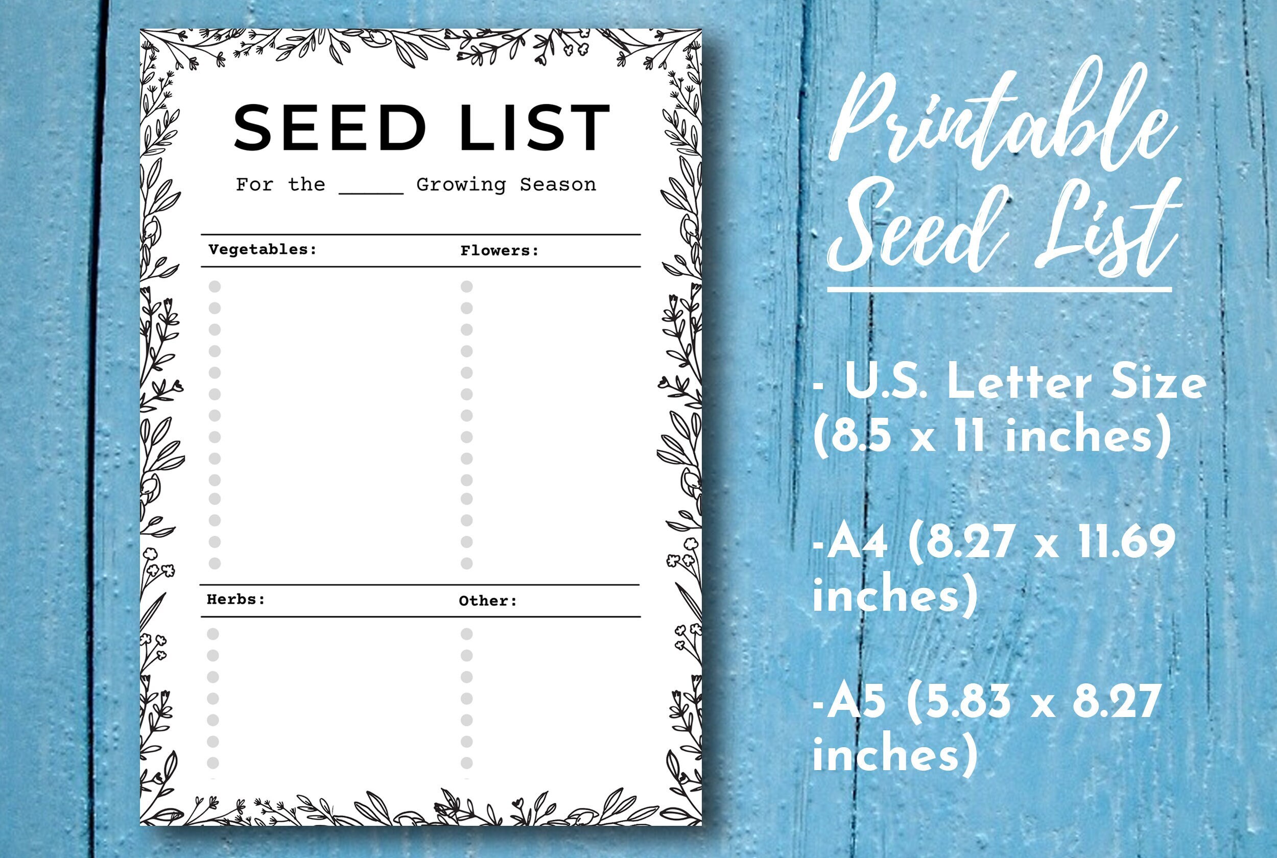 Printable Seed List Planner Insert US Letter Size A4 A5 Garden ...