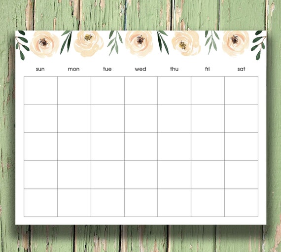 Printable Monthly Calendar Blank Calendar Floral Calendar | Etsy