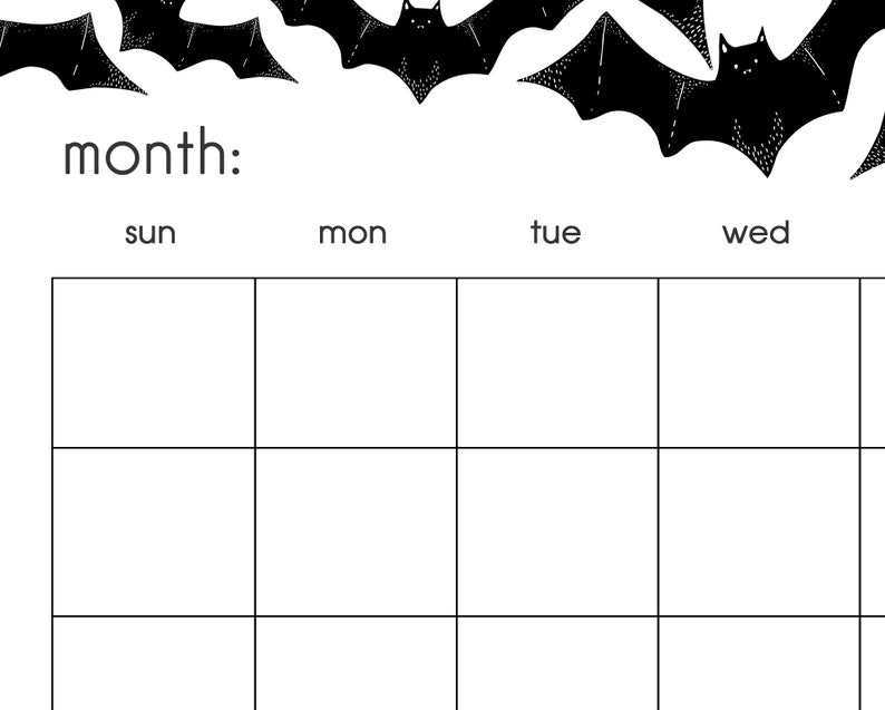 Printable Bat Calendar Halloween Monthly Calendar Blank Etsy