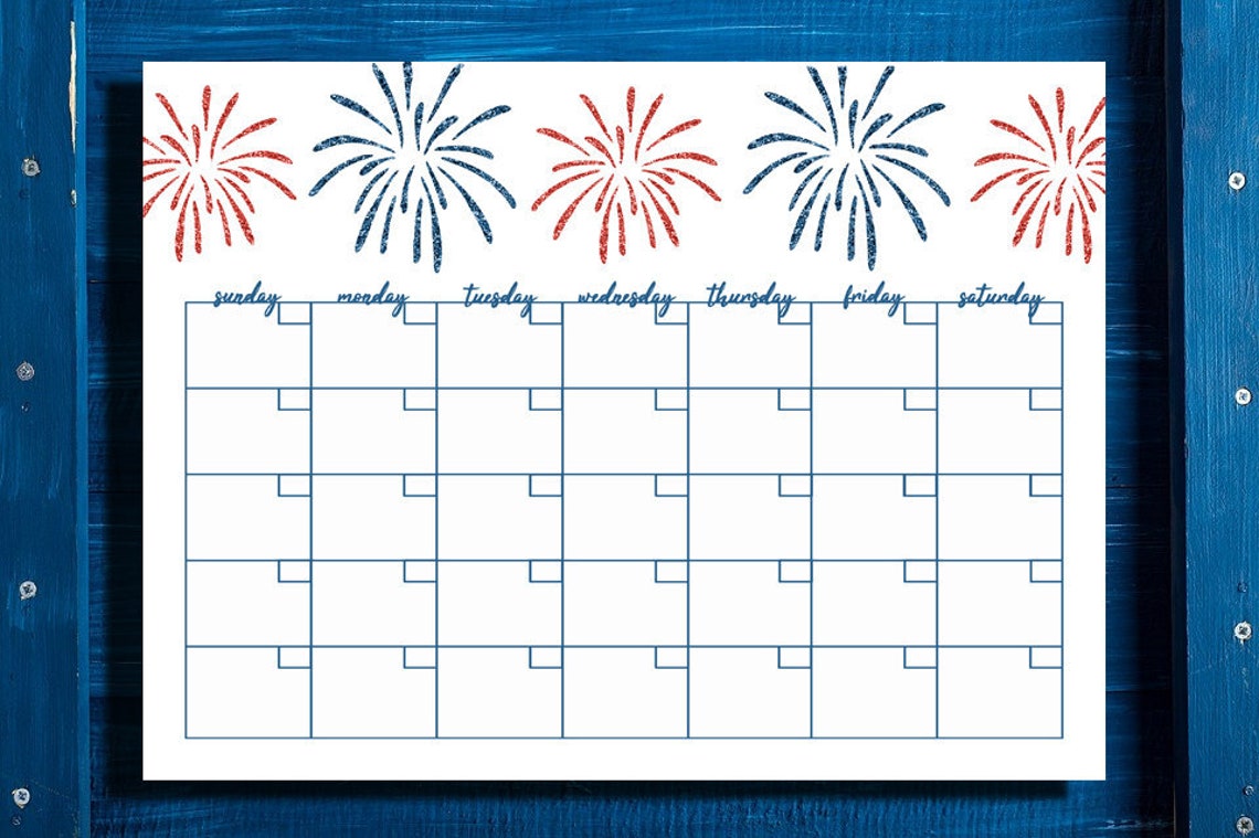 4th of July Printable Calendar Independence Day Fireworks Etsy