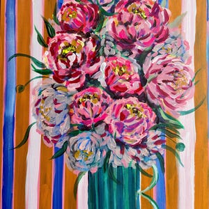 May include: An acrylic painting of a bouquet of pink peonies in a teal vase. The background features vertical stripes of orange, white, and blue. The flowers have yellow centers and green leaves.