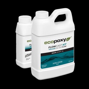 May include: Two white plastic bottles of ecopoxy resin for crafting. The larger bottle is labeled "ecopoxy Flowcast Kit Trousse de Castflow Resin (Part A) 500 ml".