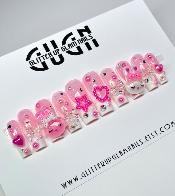 White Tip W/pink Charms Press on Nails 