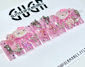 Pink Jelly w/Mixed Charms Pearls & Crystals Press On Nails