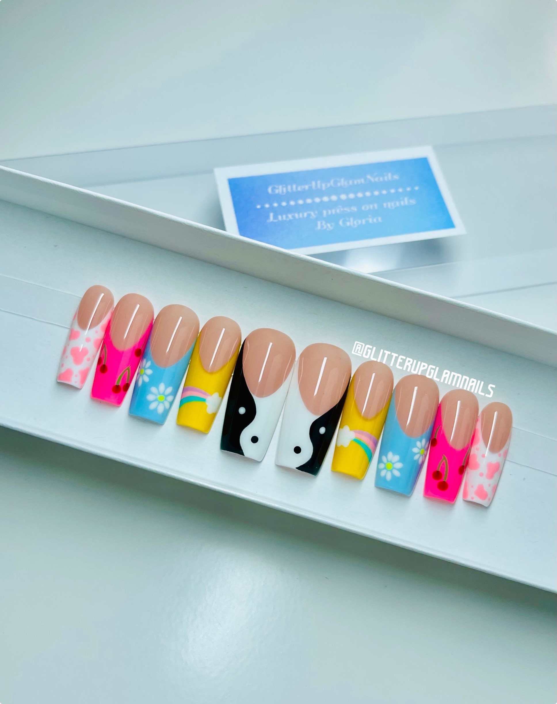 Yin Yang, Pink Cow Print, Rainbows & Cherries Press On Nails