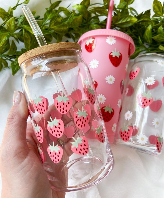 Strawberry Iced Coffee Cup with Lid & Straw, 16oz Tumbler