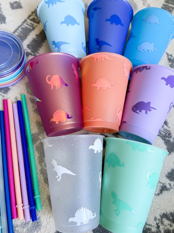 Childrens Dinosaur Cold Cup . Kids Cup With Straw . Cup for Toddler .  Reusable Glitter Cold Cup . Kids Cup . Birthday Gift Idea for Kids 