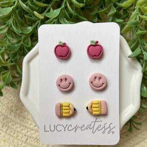 Teacher school stud earrings . Apple earrings. Pencil studs . Smile earrings . Teacher appreciation . Back to school gift . Teacher gifts