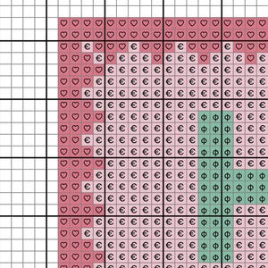 May include: A cross stitch pattern featuring a pink heart with green leaves. The pattern is made up of small squares, each with a different color.