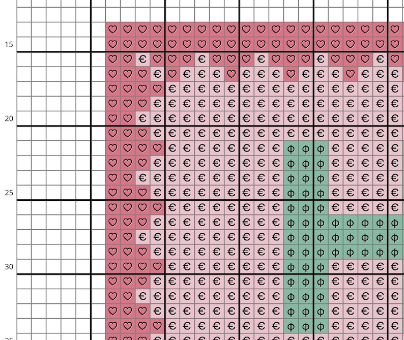 May include: A cross stitch pattern featuring a pink heart with green leaves. The pattern is made up of small squares, each with a different color.