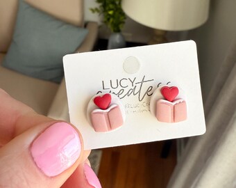 Clay book stud earrings . Bookish earrings for book lovers . Book lover gift . Valentine’s Day  studs . Tiny earrings . teacher earrings
