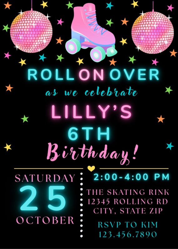 Neon Roller Skating Birthday Invitation: Retro Glow Party (Digital Download)