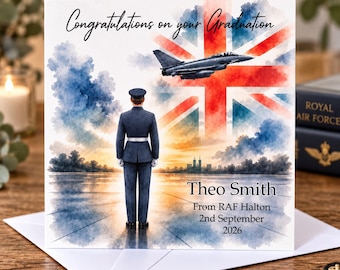 May include: A square greeting card featuring a watercolour illustration of a person in a military uniform standing on a runway, facing a jet flying in front of a Union Jack. Text reads: Congratulations on your Graduation, Theo Smith, From RAF Halton, 2nd September 2026.