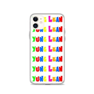 May include: A clear phone case with a white background and the words "YUNG LEAN" repeated in different colors: red, yellow, blue, green, and pink.