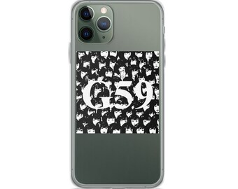 May include: A clear phone case with a green back and a white graphic of a pattern of faces with the text "G59" in the center.