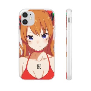May include: A clear phone case with a colorful anime character wearing a red bikini. The character has orange hair and blue eyes. The case has a camera cutout and a white border.