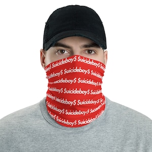 May include: A red face mask with a white repeated pattern of the text "$uicideboy$".