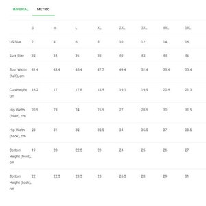 May include: Size chart for clothing with measurements in inches and centimeters. The chart includes US sizes 2-16, Euro sizes 32-46, bust width, cup height, hip width (front and back), and bottom height (front and back).