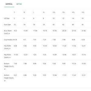 May include: A size chart for women's clothing with measurements in inches and corresponding US and Euro sizes. The chart includes bust width, cup height, hip width, and bottom height.
