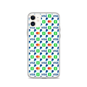 May include: Clear phone case with a repeating pattern of Visa, dollar signs, PayPal, and Mastercard logos in green, blue, orange, and white. The case is designed to fit a smartphone.