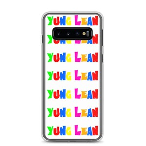 May include: A clear phone case with a white background and a repeating pattern of the text "YUNG LEAN" in different colors, including red, yellow, blue, green, and pink.