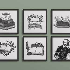 English Class Gallery Wall - Classroom Decor, high school middle school, square, shakespeare, artistic english class, typewriter, books art