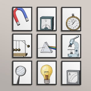 Science Class Illustrated Handdrawn Gallery Wall - Classroom Decor, high school middle school, science art, biology class, classroom art