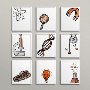 Science Class ORANGE Gallery Wall - Classroom Decor, high school middle school, science art, biology class, chemistry, classroom art