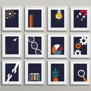 STEM Gallery Wall - Dark Blue Classroom Decor high school middle school, science art, biology class, chemistry, classroom art