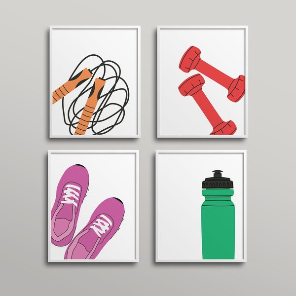 Colorful Fitness Gym Decor Gallery Wall  - DIGITAL at home fitness studio, at home gym, workout, fun, female women, bold colors, fun prints