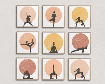 Boho Yoga Gallery Wall set of 9 - DIGITAL pink yoga, yoga art, yoga decor, at home fitness studio, at home gym, calming