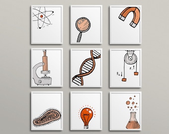 Science Class ORANGE Gallery Wall - Classroom Decor, high school middle school, science art, biology class, chemistry, classroom art