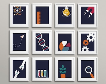 STEM Gallery Wall - Dark Blue Classroom Decor high school middle school, science art, biology class, chemistry, classroom art