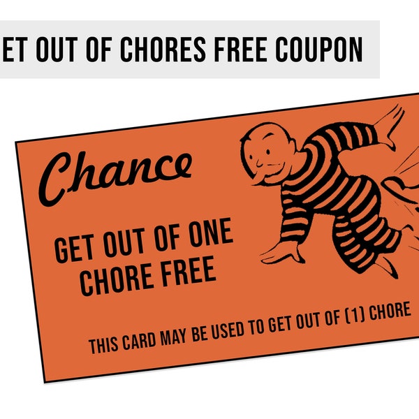 Monopoly CHORES Coupon - Get out of Chores Free Card, Behavior Reward Coupons Homeschool, chore chart, chore rewards, parenting