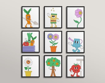 Gardening Gallery Wall - cartoon gardening, vegetables, elementary school gardening, gardening club, agriculture club, fun food