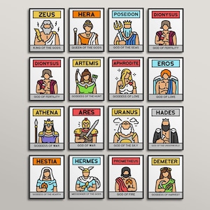 Set of 16 Greek Gods Icon Style Gallery Wall - greek mythology, goddess, history class, world culture, zeus, aphrodite hera, poseidon athena