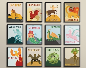 Mythical Creatures Gallery Wall - mitología griega, clase de historia, clase de inglés, cuentos de hadas de la cultura mundial, centauro fénix medusa manticore