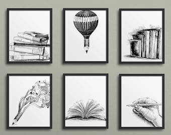 English Class Gallery Wall - Sketch Style, Classroom Decor, high school middle school, books, writing, creativity, pencil, reading vintage